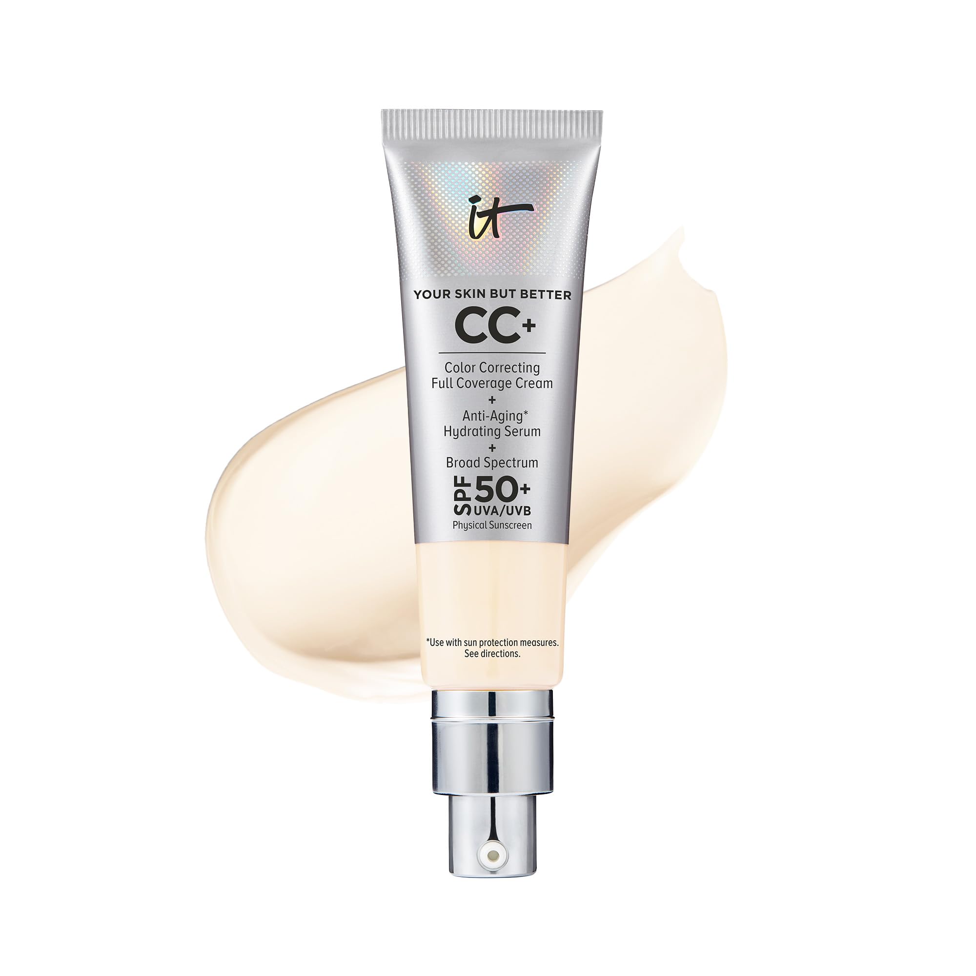 IT Cosmetics CC+ Cream - Full-Coverage Foundation With SPF 50, Color Corrector & Anti-Aging Serum, Formulated With Niacinamide & Hyaluronic Acid, Natural Finish, For All Skin Types, 1.08 fl oz