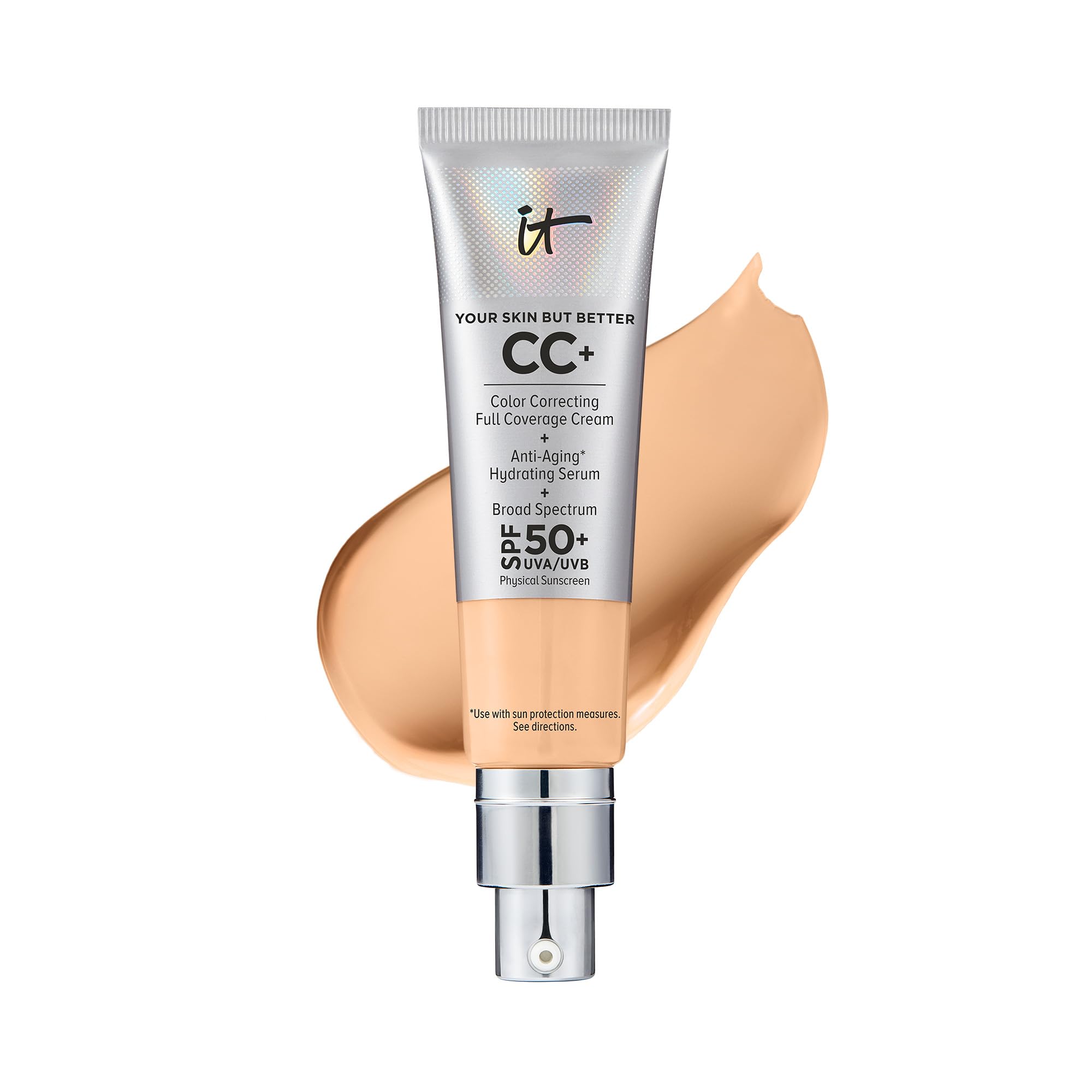 IT Cosmetics CC+ Cream - Full-Coverage Foundation With SPF 50, Color Corrector & Anti-Aging Serum, Formulated With Niacinamide & Hyaluronic Acid, Natural Finish, For All Skin Types, 1.08 fl oz